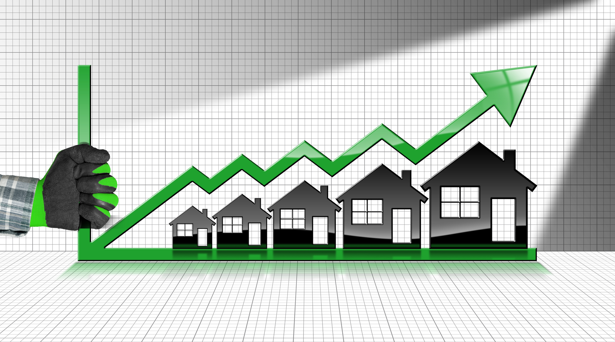 Growing real estate home appraisal - 3D illustration of five house-shaped symbols, a hand with work glove and a graph of growth with a green arrow