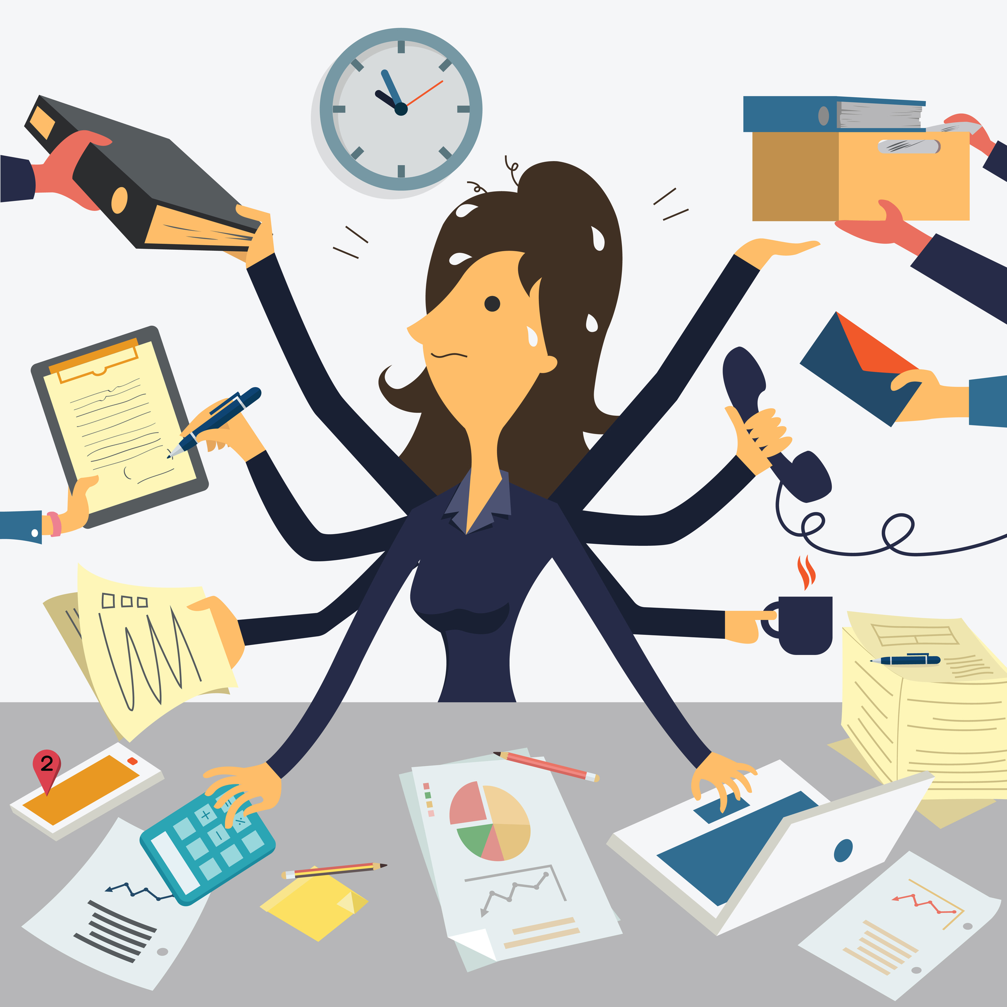Lady sitting at desk with eight arms multi-tasking